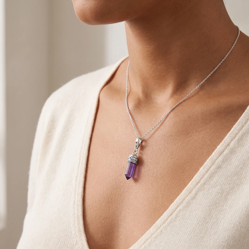 Charm Pendant Hexagon with Imitation Amethyst and Fine Symbols