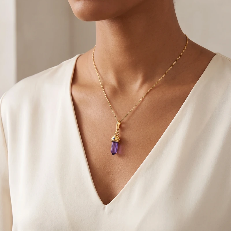 Charm Pendant Hexagon with Imitation Amethyst Yellow-Gold Plated