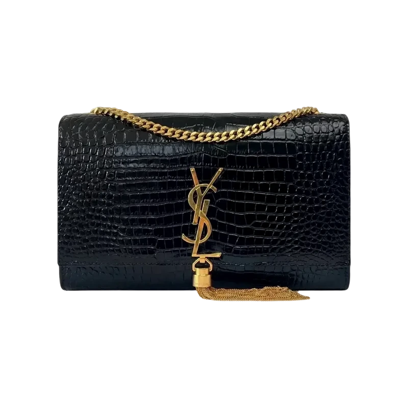 Kate Medium Tassel Chain Bag in Crocodile-Embossed Shiny Leather