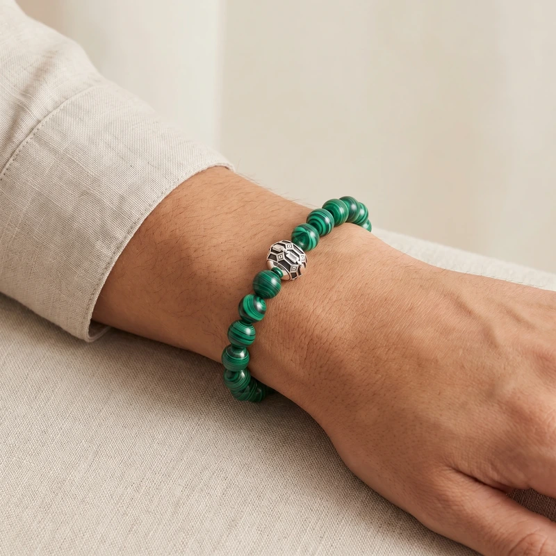 Bracelet with Imitation Malachite and Red Tiger's Eye Beads 16cm