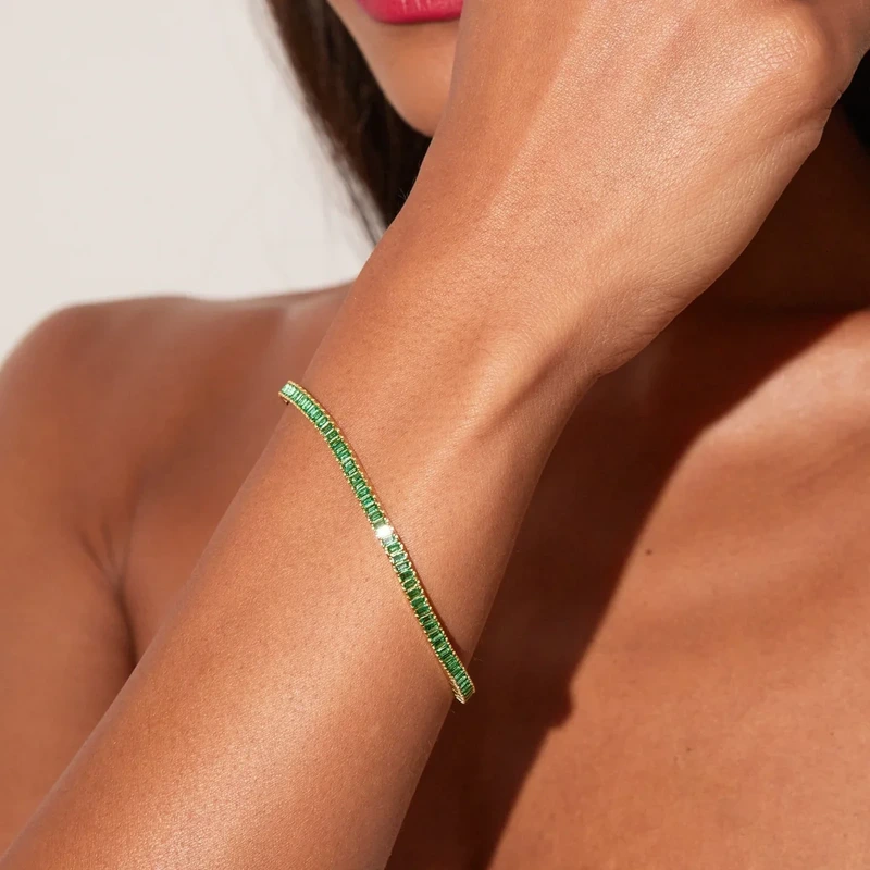 Green Emerald Baguette Tennis Bracelet Yellow 17cm