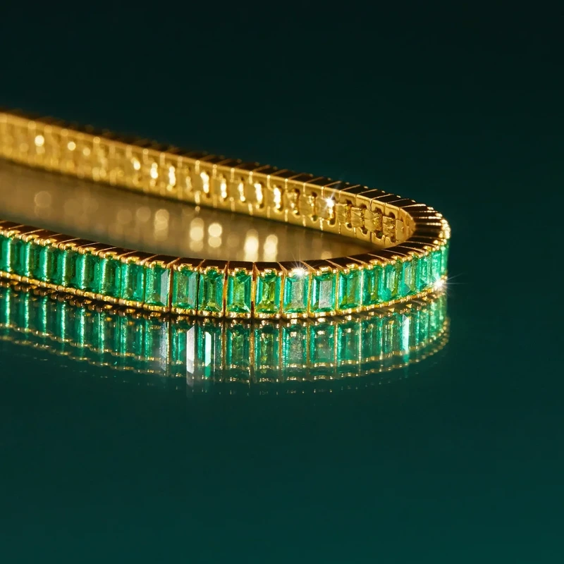 Green Emerald Baguette Tennis Bracelet Yellow 17cm