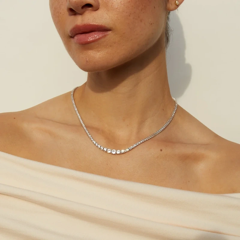 White Sapphire Graduated Tennis Necklace White 41cm
