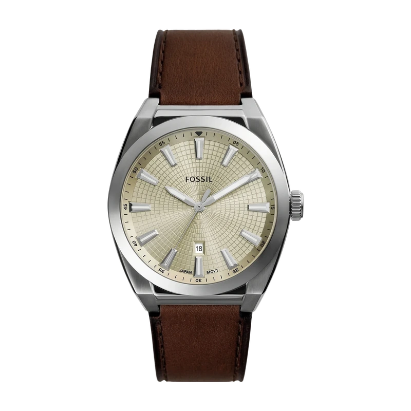 Everett 42mm Three-Hand Date Brown Leather