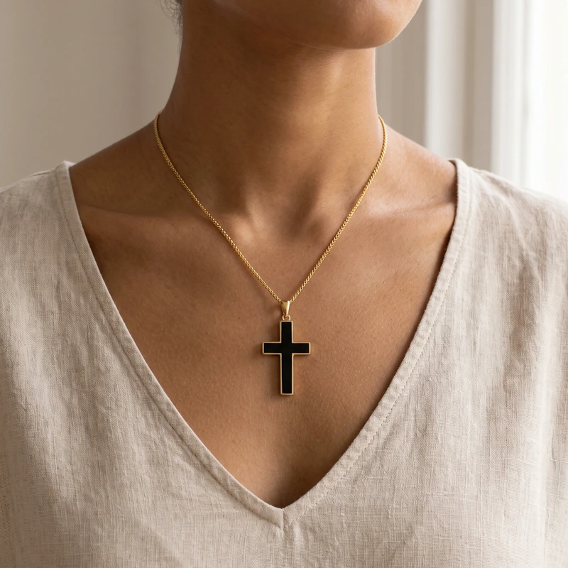 Stone Cross (Large) - 14K Gold Onyx