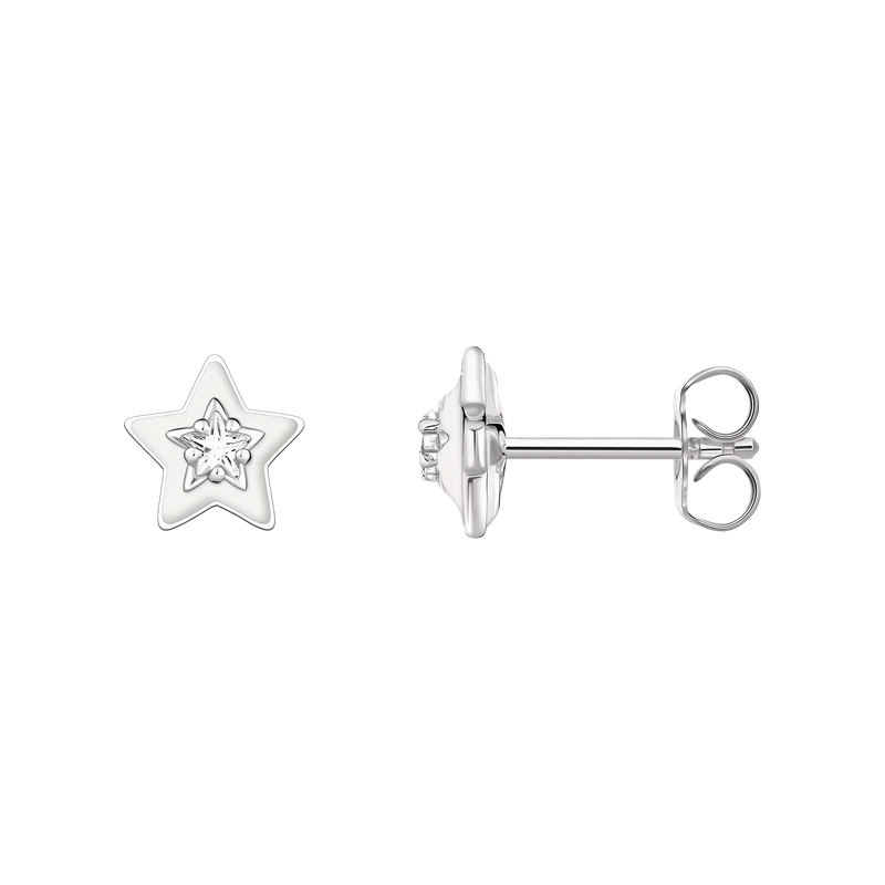 Ear Studs with White Stones and White Cold Enamel Silver