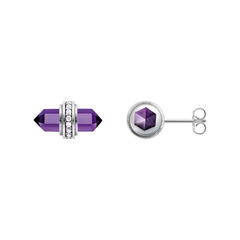 Silver Ear Studs with Hexagonal Imitation Amethyst
