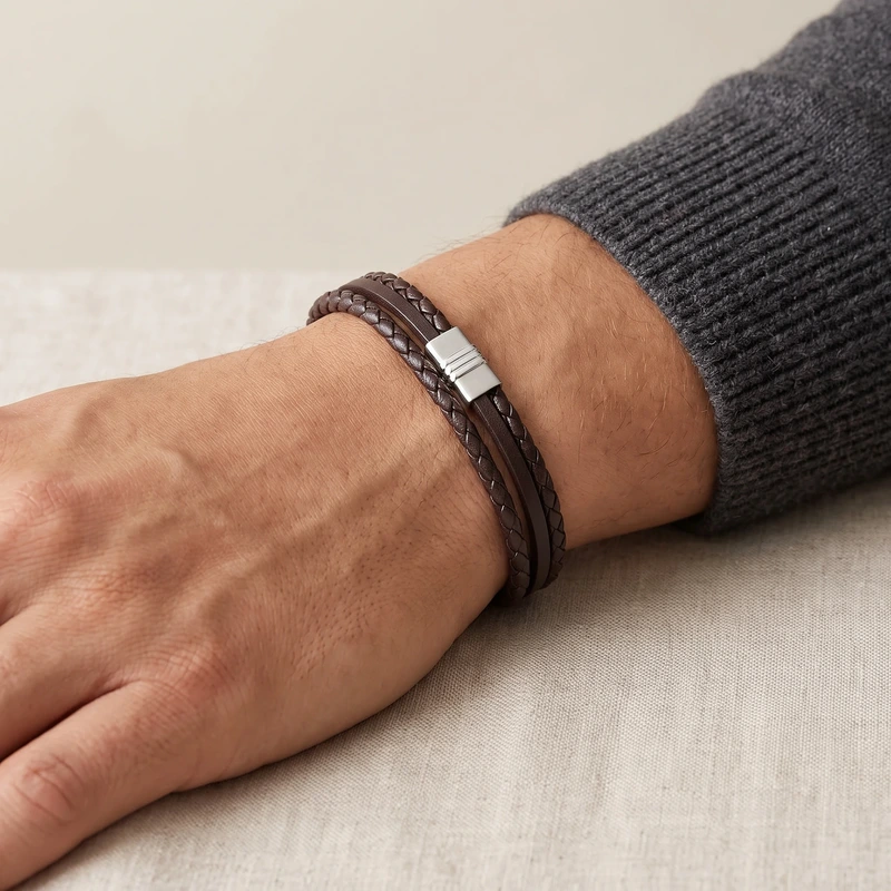 Brown Multi-Strand Braided Leather Bracelet