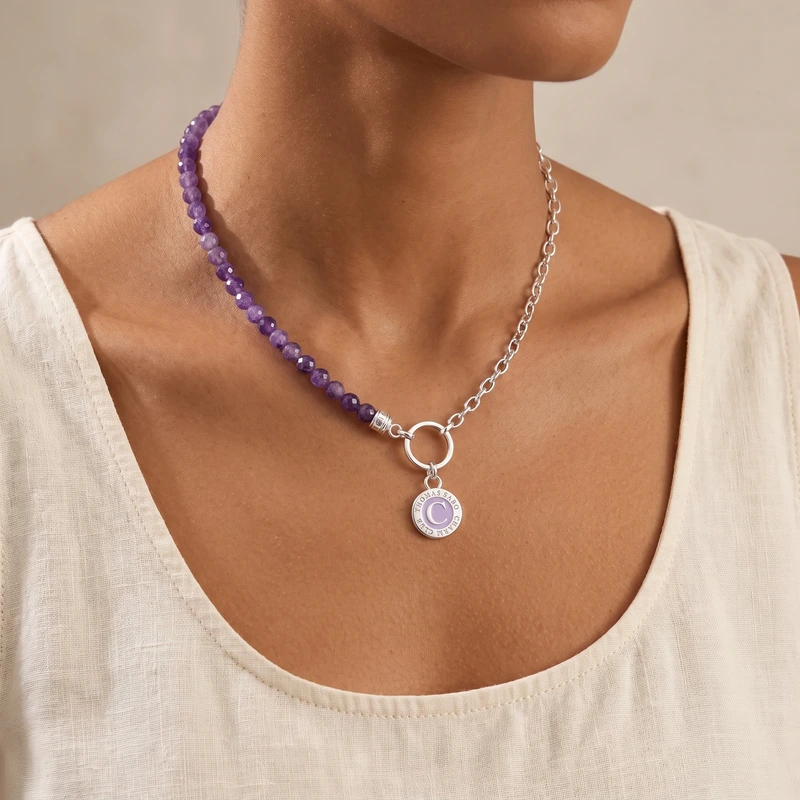 Charm Necklace with Violet Imitation Amethyst Beads Silver