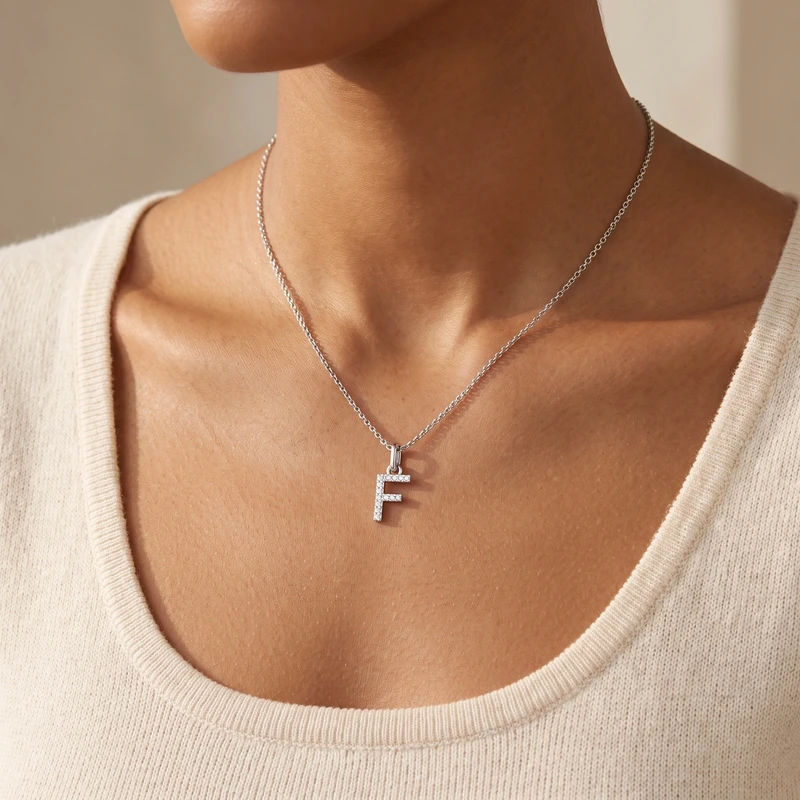 Silver Letter F Necklace with White Zirconia