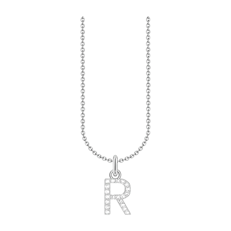 Letter R Initial White Zirconia Sterling Silver Pendant Necklace