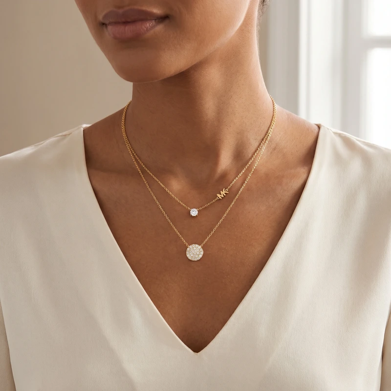 Brilliance Double Layered Pavé Disc Gold-Plated Sterling Silver Necklace