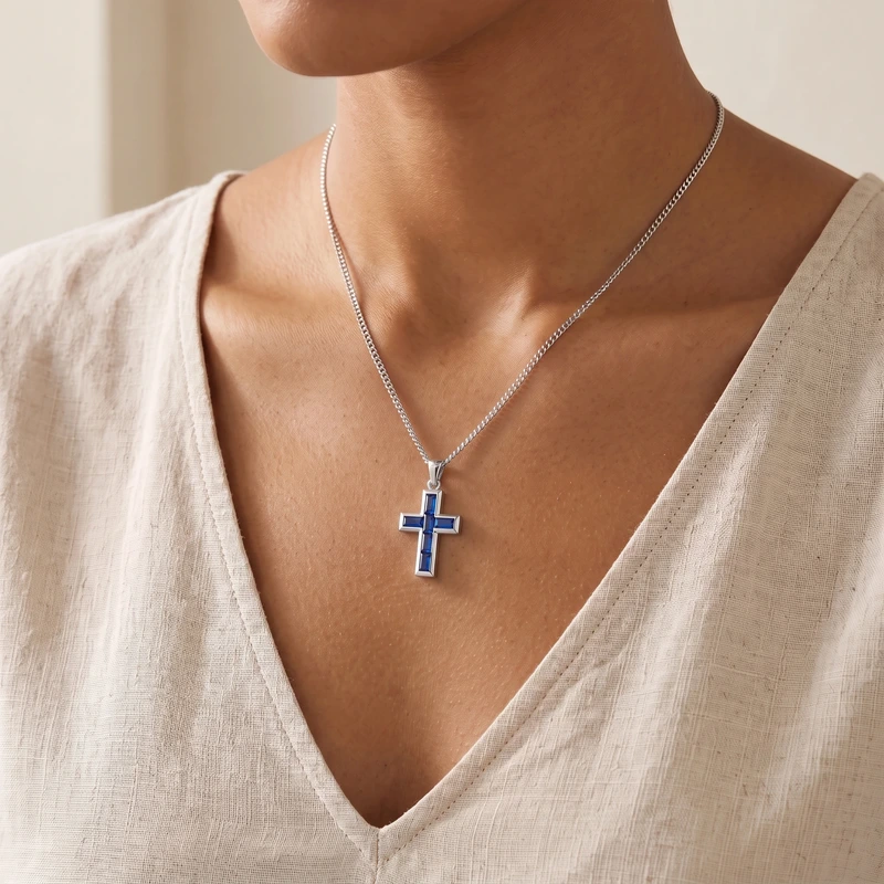 Gemstone Cross Pendant - Sapphire