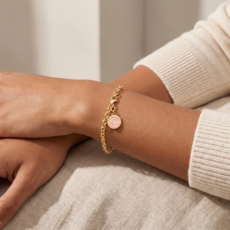 Charm Bracelet With Pink Cold Enamel Gold Plated